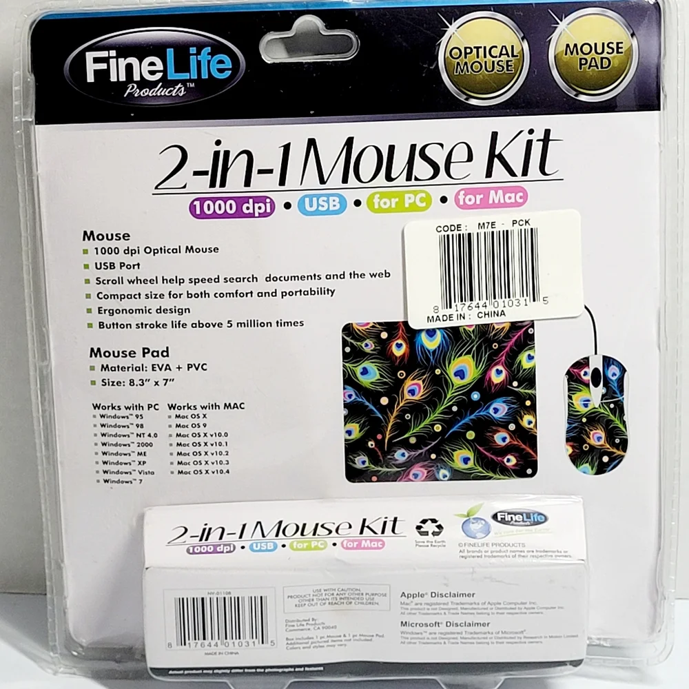 Fine Life Products 2-in-1 Mouse Kit Peacock Optical Mouse & Matching Mouse Pad N